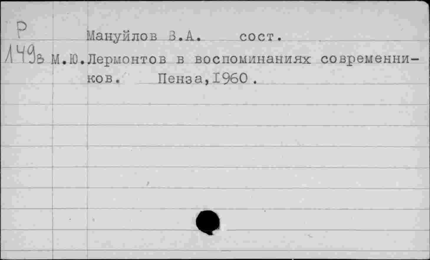 ﻿Мануйлов В.А.	сост.
.Ю.Лермонтов в воспоминаниях современни ков. Пенза,1960.